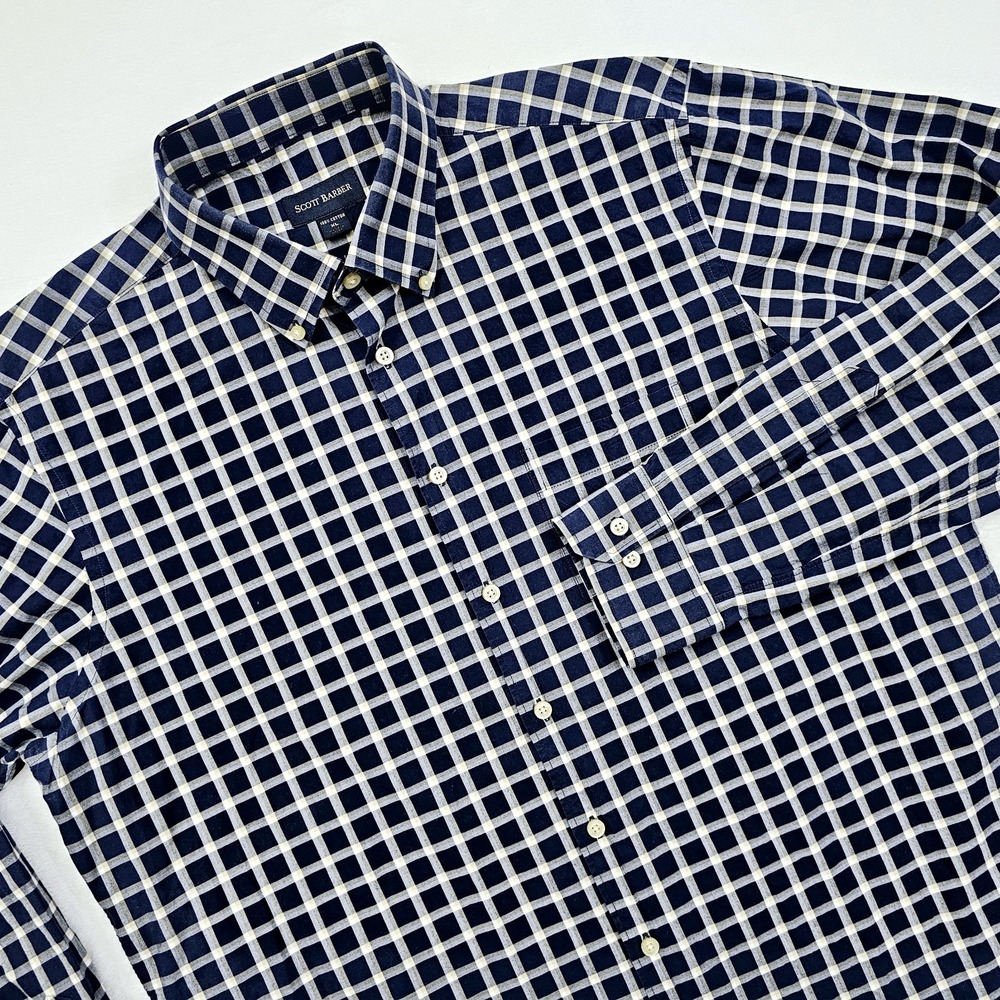 Scott Barber Shirt Mens XL Blue White Casual Button Down Plaid Cotton‎ Preppy